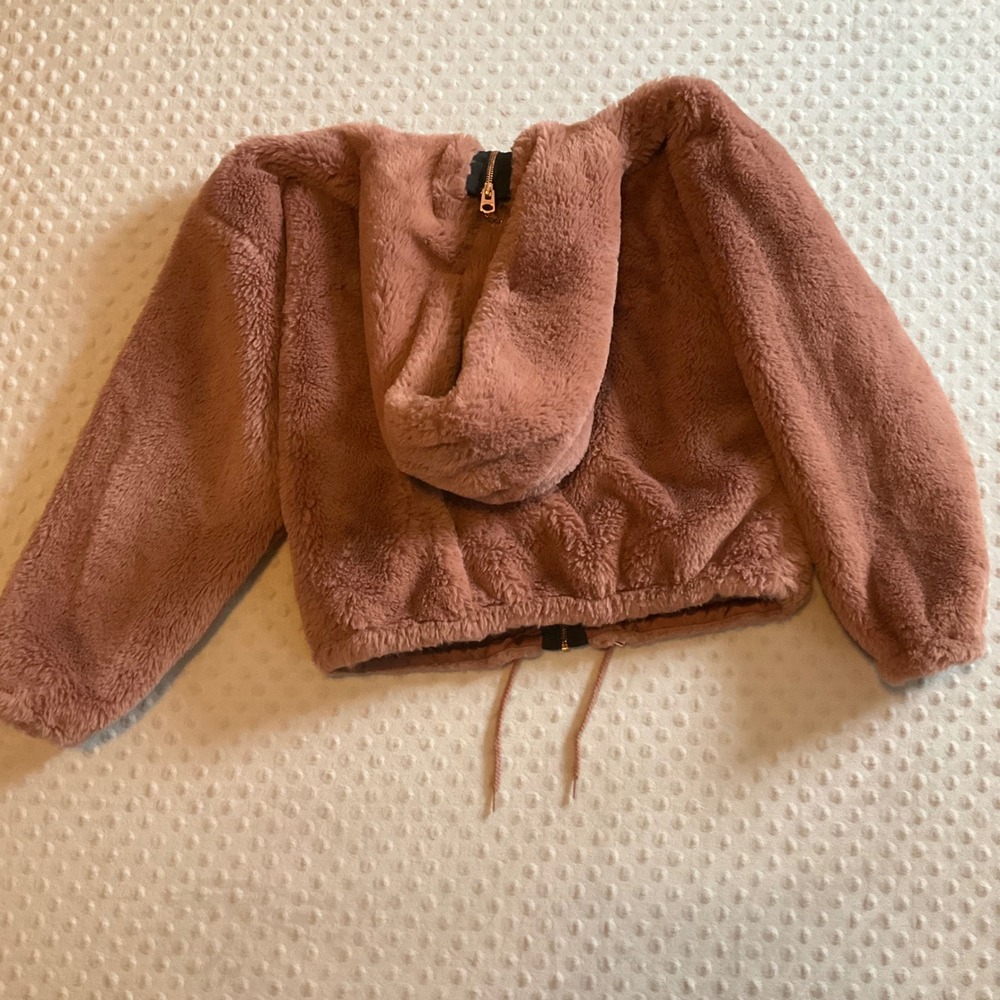 Lucky Brand Faux Fur Hooded‎ Zip-Up Jacket XS Mauve Pink Fuzzy Cozy - Picture 6 of 6